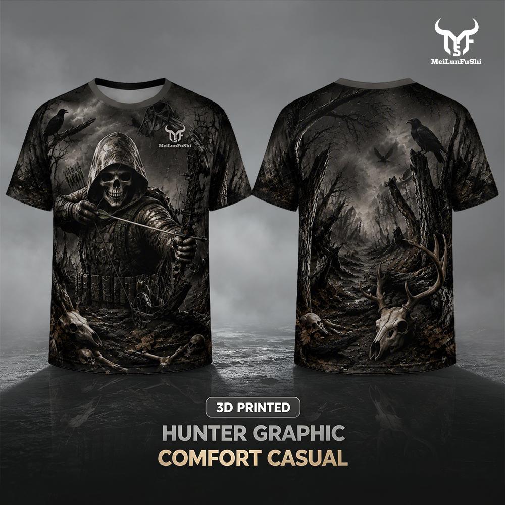 Outdoor Hunting Graphic Tees - Kaos 3D Print Gothic Skull Archer,